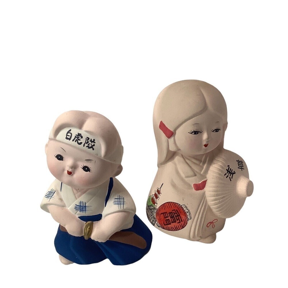 Vintage 2 Japanese Hakata? Bisque Boy and Girl Fan Sword Doll 5" tall Porcelain